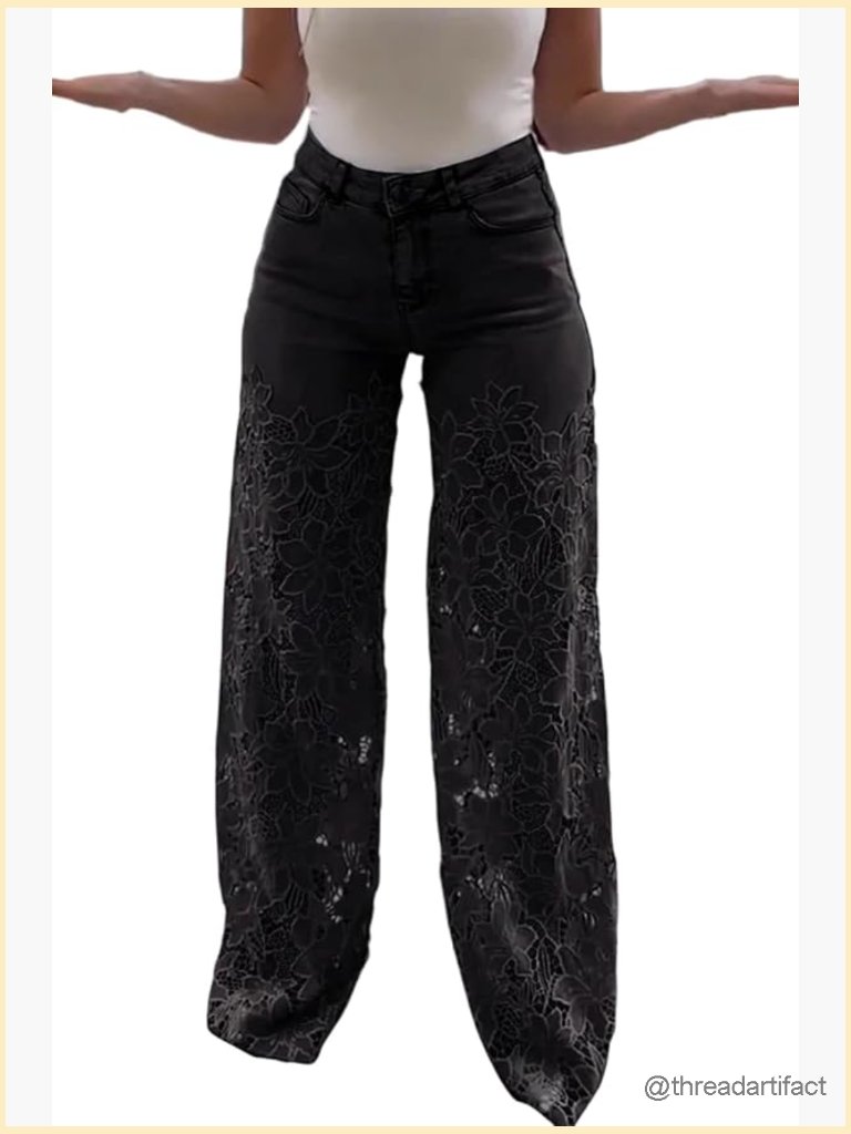High Waist Wide Leg Jeans With Floral Lace Overlay, Hollow Out Mesh Denim Pants